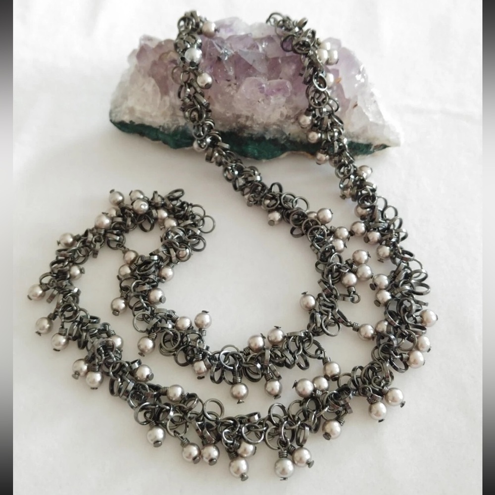 RARE Dom by Dominique Cohen Metallica Chainmail Beaded Pearl Long Necklace
